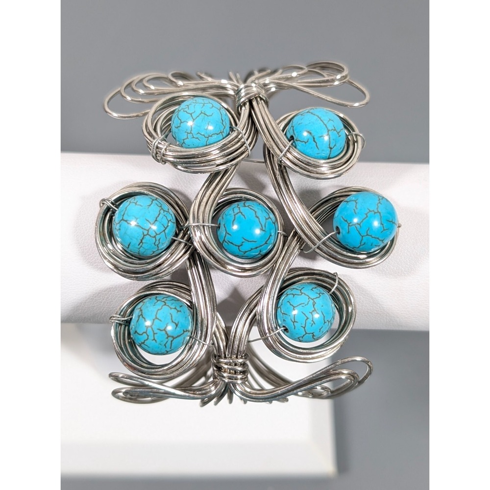 Blue Faux Turquoise Wire Wrap‎ Wide Cuff Bracelet Tribal Boho Coastal 7"